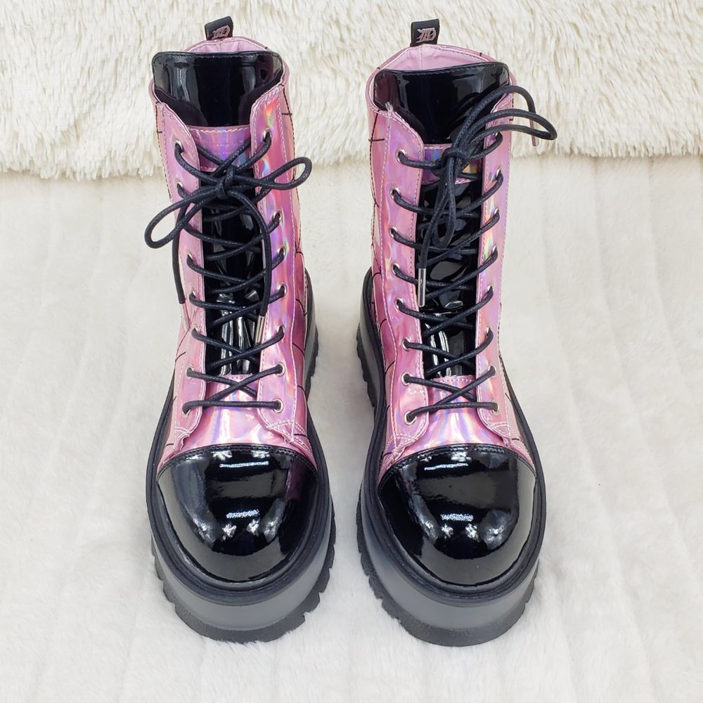 Pink Hologram Platform Spider Web Ankle Boots Punk Rave Festival Slacker - Picture 10 of 12